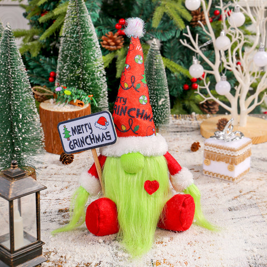 Christmas Decoration Sitting posture Green Haired Faceless Doll Cute Long Bearded Sign Green Doll Doll