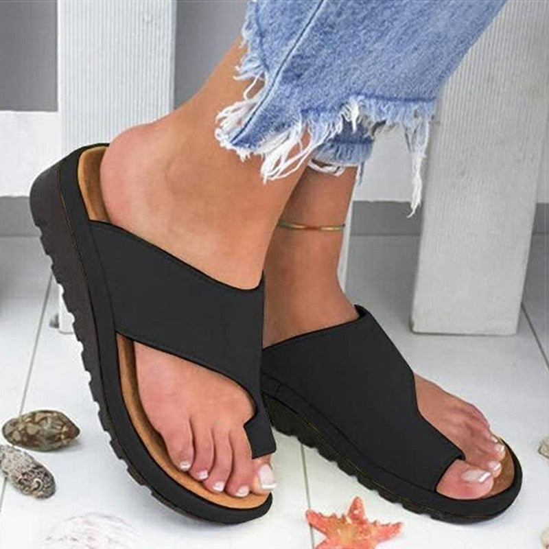 Women PU Leather Shoes Comfy Platform Flat Sole Ladies Casual Soft Big Toe Foot Correction Sandal Orthopedic Bunion Corrector
